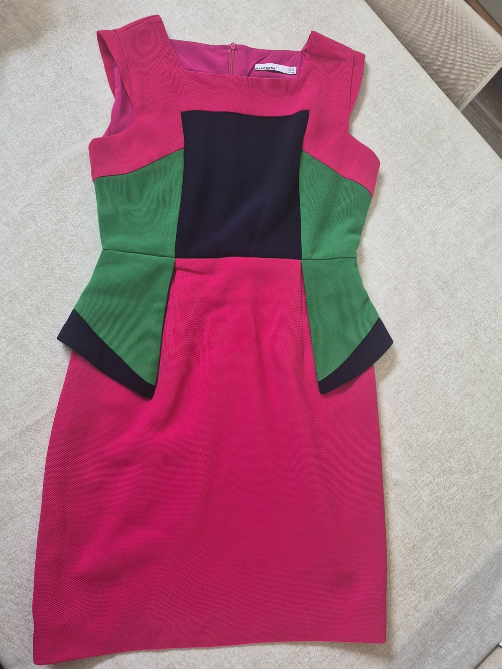 Karen Millen Hot Pink, Green & Black Colorblock Peplum Dress